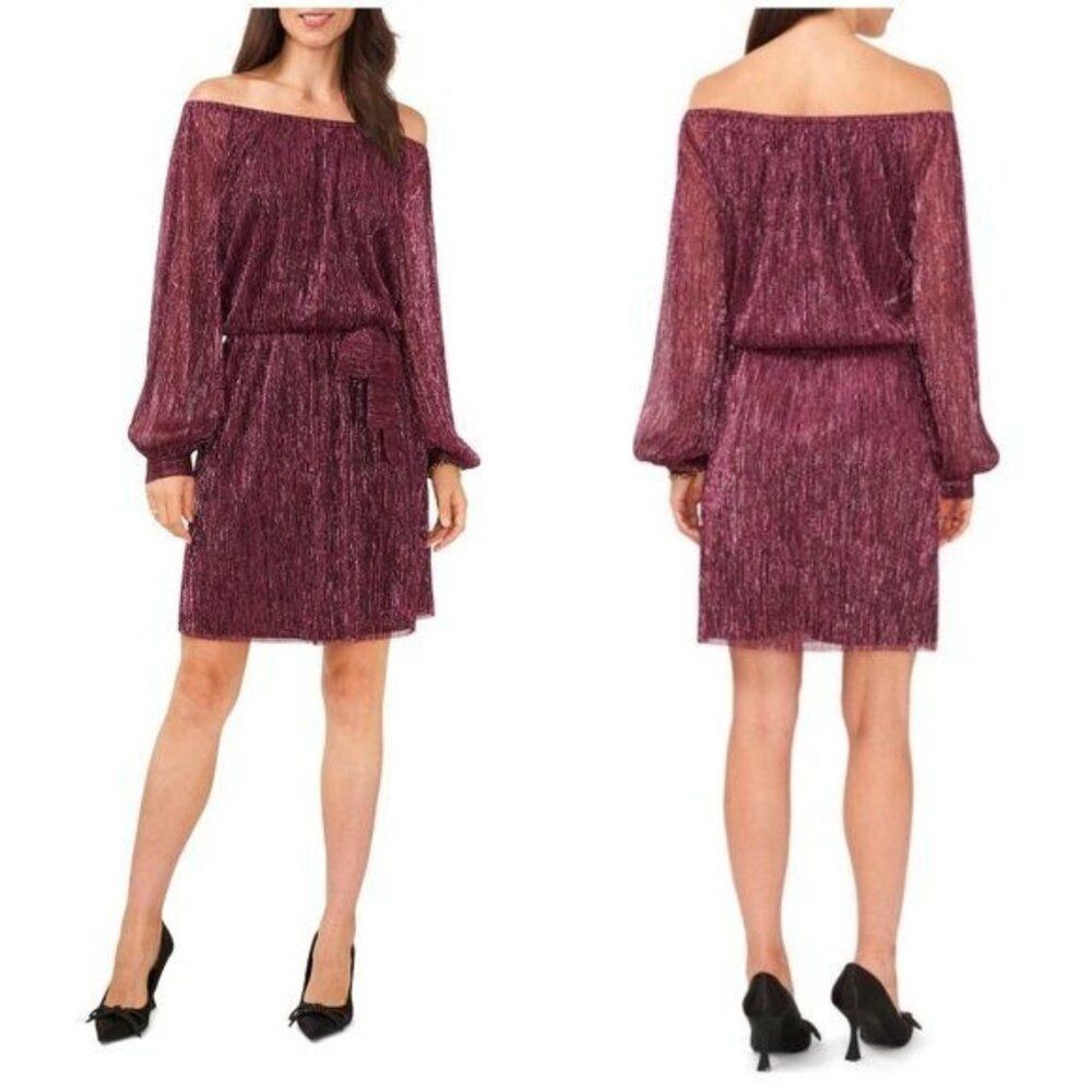 New Halogen Off-The-Shoulder Burgundy Metallic Dress With Puff Sleeves Size M